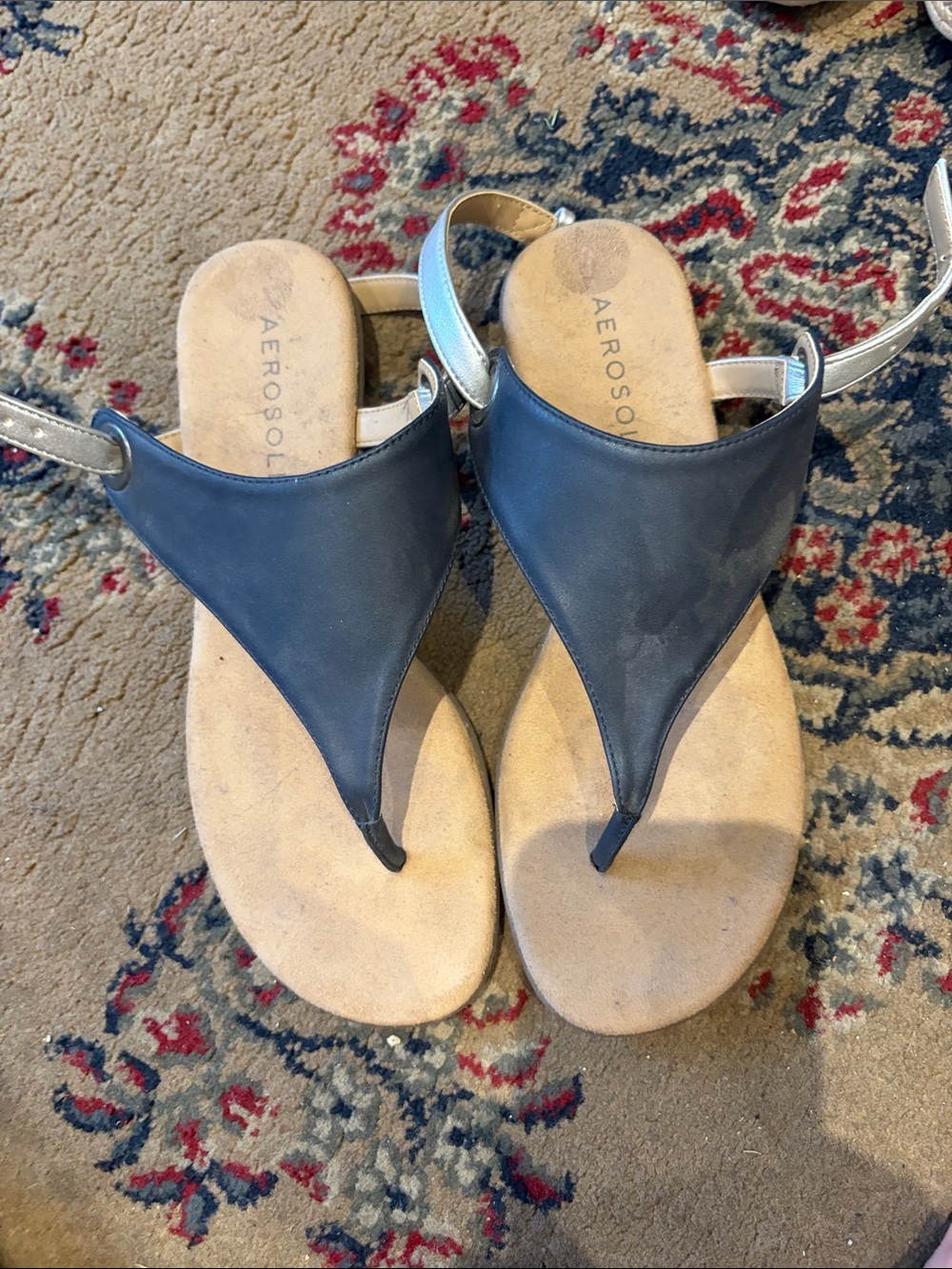 AEROSOLES Black Thong Sandals with Silver Ankle Strap